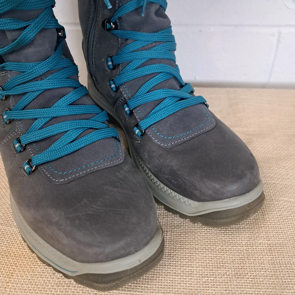 Santana Canada Marinda Grey Turquoise Tall Leather Lace Up Winter Boots 10